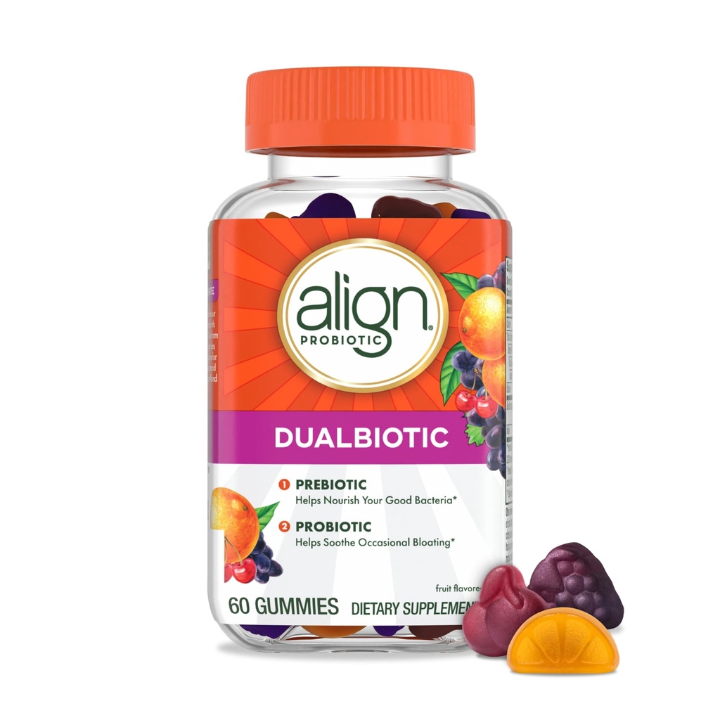 Align Dualbiotic, Prebiotyki i Probiotyki dla Kobiet i Mężczyzn, Probiotyki dla Zdrowia Trawiennego, Prebiotyki Pomoc Nurysh dobre bakterie, Naturalne aromaty owocowe, 60 Gummies probiotyczne