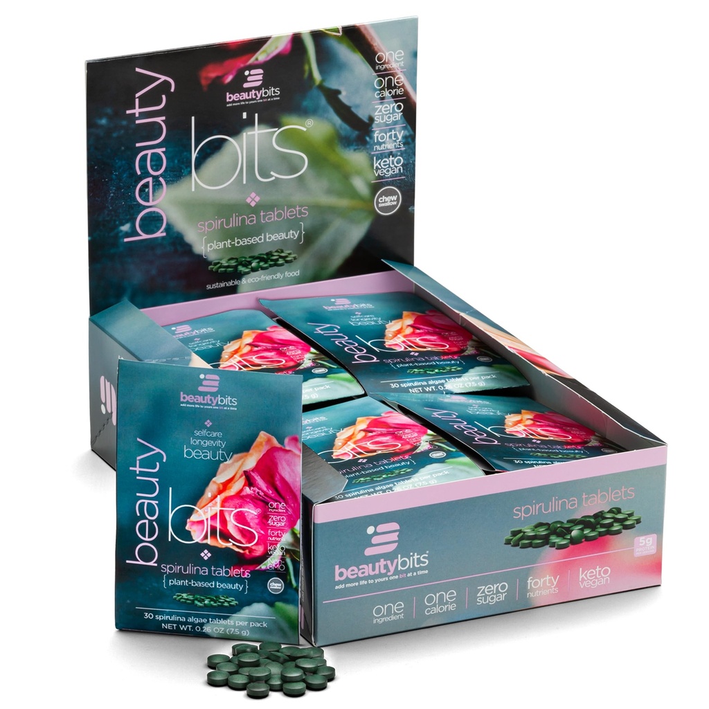BEAUTYbity - Organic Spirulina Tablets - Algae Superfood - Kolagen, Białko, Chlorofil - Włosy, paznokcie, & Pielęgnacja skóry - Wegan, Keto, Gluten Free - Samo Care - Skincare Beauty - 30 Torby, 900 Tabletki