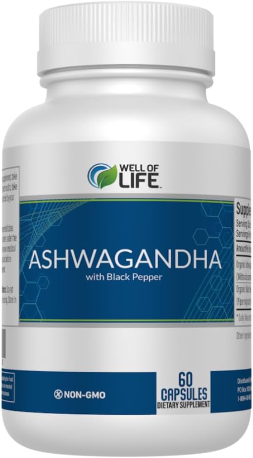 Well of Life: Ashwagandha 650mg + Black Extract 60 Kapsułki Veg: Ulepszony sen & Well- Being. Nie-GMO, GMP Certified. Wyprodukowano w USA.