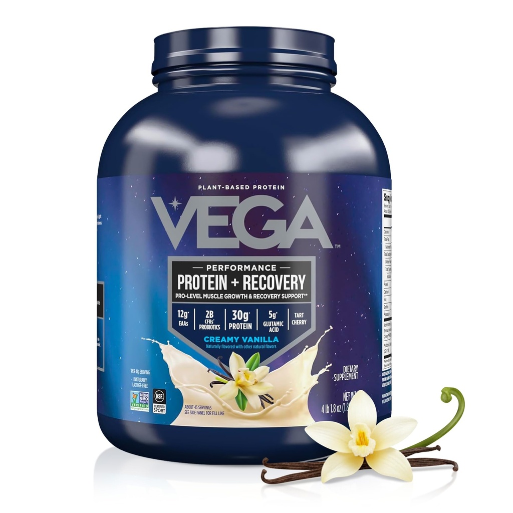 Vega Sport Vegan Protein Powder + Odzysk - 30g Białko roślinne na Serving, Vanilla, 45 Służenia, 5g BCAA, Probiotyki, NSF Certified, Dla Shakes & Smoothies, 4.1lbs (Packaging May Vary)