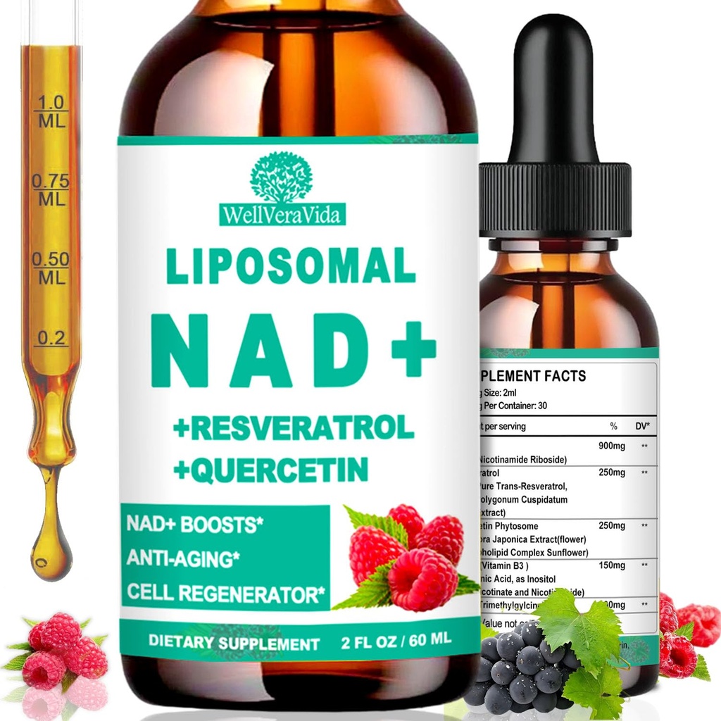 NAD Supplements for Women & Men, Liposomal NAD Nicotinamide Riboside Resveratrol 900mg, TMG, Quercetin, Vitamin B3, Organic Liquid NAD Resveratrol Supplement for Longevity, Energy, Anti-Aging, Focus