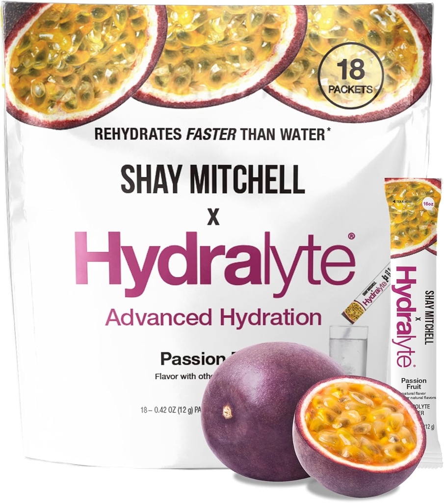 Hydralyte Shay Mitchell Pakiety proszku Electrolyte, Rewodnienie szybkie niskocukrowe, Proszek do nawadniania dla ciepła, Podróże, Ćwiczenia i Bachelorette Party (Owoce męczennicy)