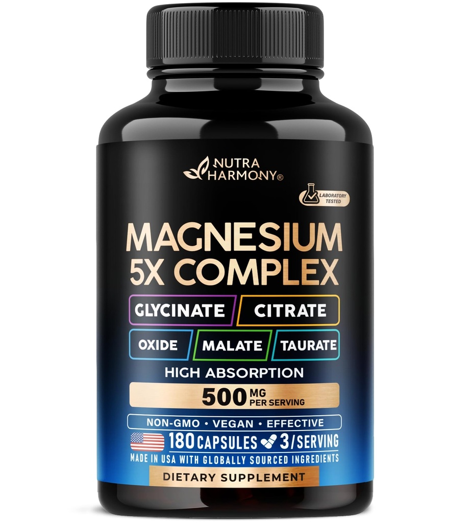 Suplement magnezu - 5 w 1 Kompleks glicynian 124; Cytrat 124; Malate 124; Taurate 124; Tlenek tauratu - Made in USA - Stress, Muscle & Heart Support - Vegan, Natural, Non-GMO - 180 Kapsułki, 2 Miesiąc Dostawy