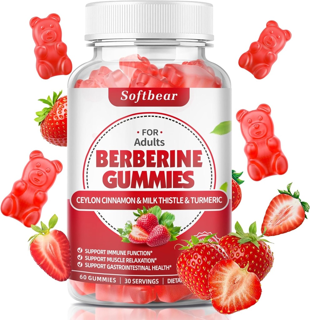 softbear Berberine z Ceylon Cynamon Gummies Organic Berberine HCL 1500mg for Metabolistic Imimmunological Health Sugar-Free Berberine Supplements Strawberry Flavored 60 Count
