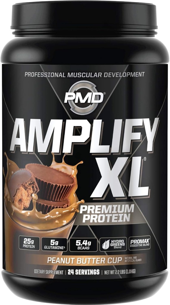 PMD Sports Amplify XL Premium Suplement białka serwatki Hydro Zielone Mieszanka - Glutamina i Matrix białka serwatki z Superfood dla mięśni, Siła i Odzysk - Puchar masła orzechowego (24 Słupki)