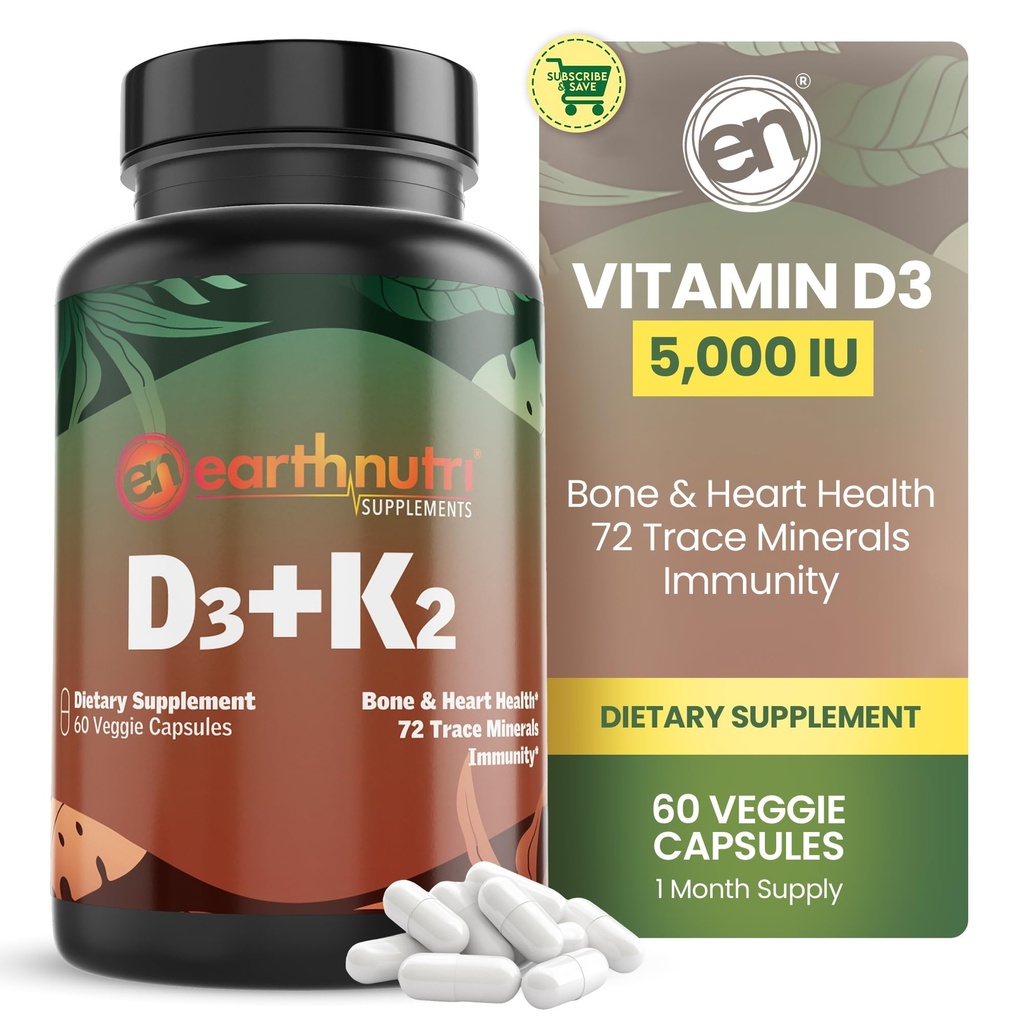 EarthNutri Witamina D3 K2 Suplement 5000 IU - Zawiera K2 z MENA Q7, D3 z Witashine, Wapń z Aquamin & 72 Minerały śladowe - dla immunologicznego, Bone & Heart Health - Non-GMO - 60 Kapsułki Veg