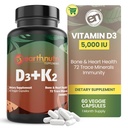 EarthNutri Witamina D3 K2 Suplement 5000 IU - Zawiera K2 z MENA Q7, D3 z Witashine, Wapń z Aquamin & 72 Minerały śladowe - dla immunologicznego, Bone & Heart Health - Non-GMO - 60 Kapsułki Veg