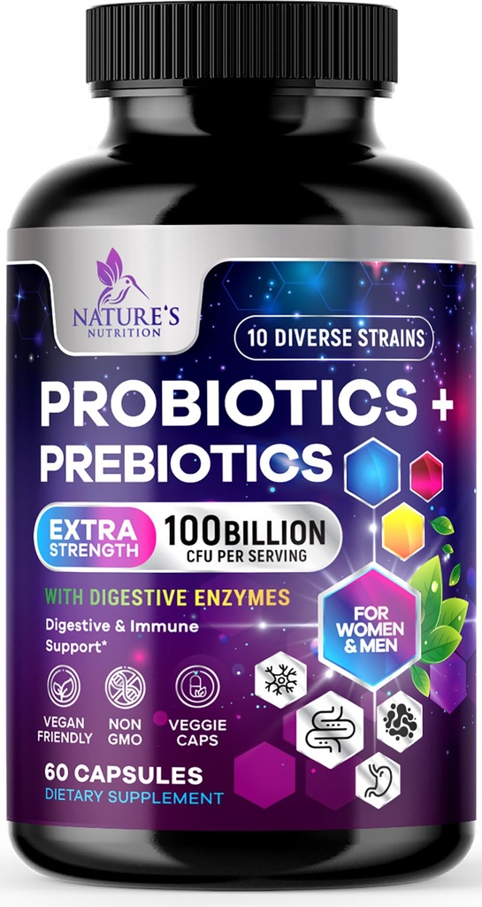 Probiotyki dla kobiet i mężczyzn 60 Miliard CFU - 10 Szczepów z Lactobacillus, Digestive Gut Health Probiotics & Immune Support Support Supports, Wspomaga sporadyczne zaparcia, Gaz & Bloating - 60 Kapsułki