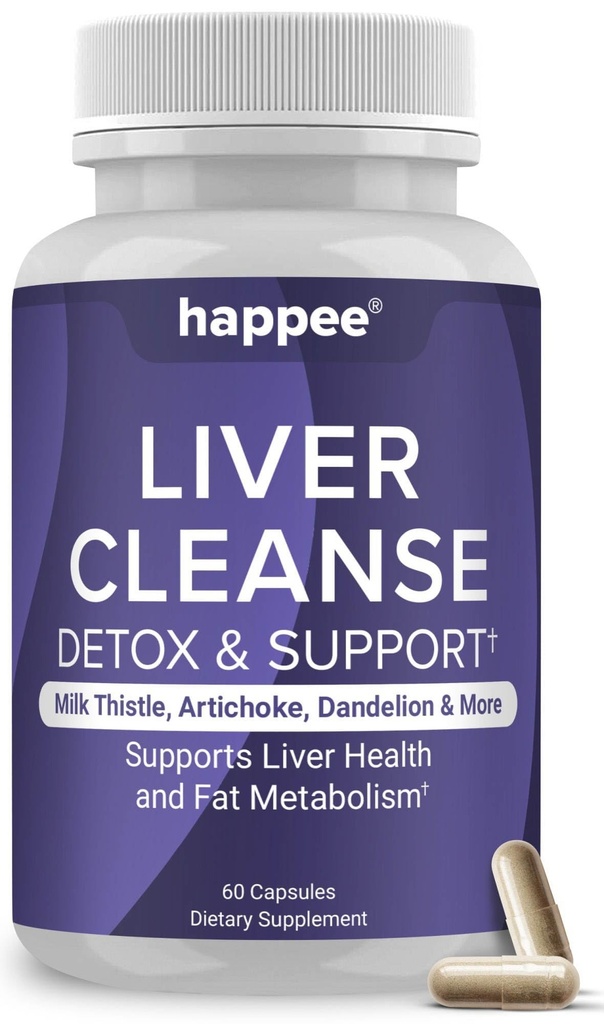 Happee Liver Cleanse Detox & Repair Supplement with Milk Thistle Extract - Flush Toxins & Renew Health - Wegan, Made in USA, 60 Kapsułki