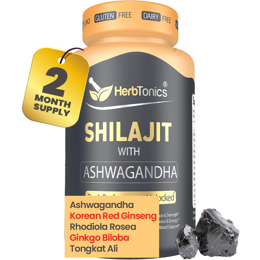 Herbtonics Shilajit for Men & Women with Ashwagandha, Koreański Czerwony Ginseng, Rhodiola Rosea, Ginkgo Biloba, Tongkat Ali Belize 124; Fulvic Acid & Trace Minerals for Stamina & Immunity Belize 124; 60 Vegan Capsules