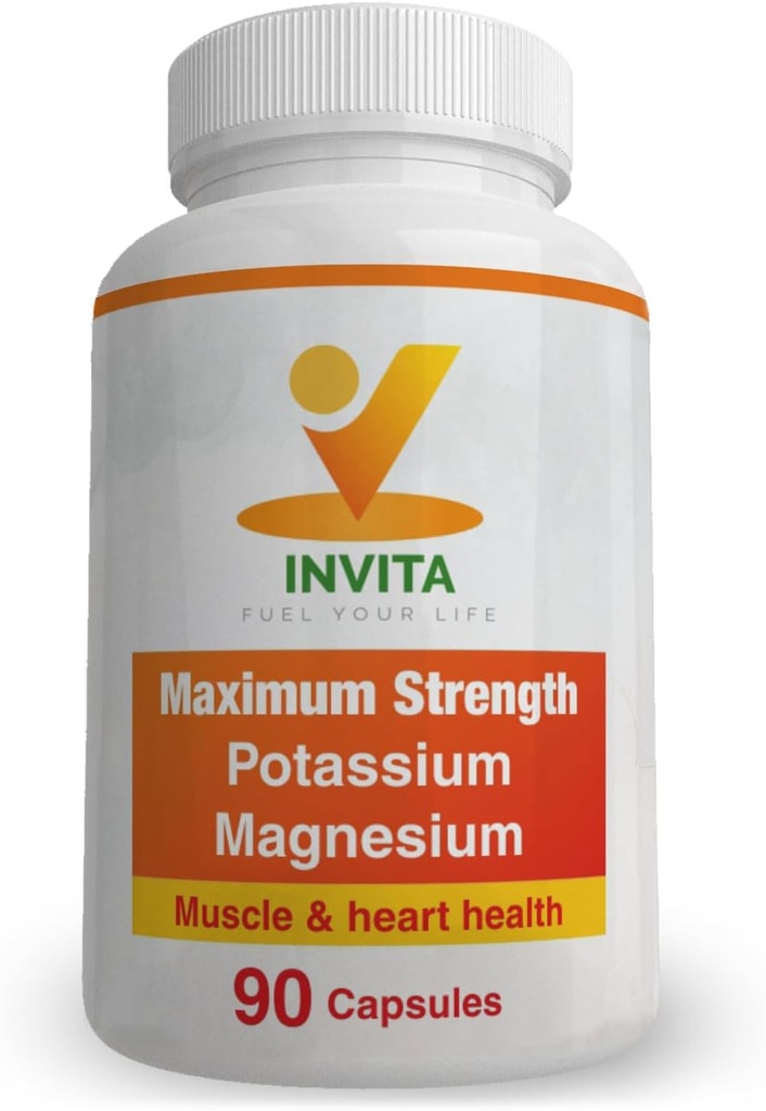 Invita Potasu Magnezu Suplement (90 Kapsułki) Wysoka absorpcja potasu Magnezu Kompleks z asparaginianem i chlorkiem - Wspiera sercowo-naczyniowe, Mięśnie i Nerwy Zdrowie - Nie GMO & Gluten Free