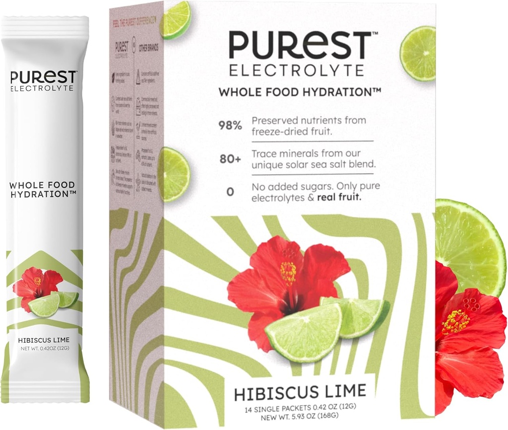 Wiedza Brainer najczystsze Electrolyte Hibiscus Lime Powder Pakiety - Whole Food Hydration - Organic Freeze- Suszone owoce i Solar Sea Salts for Ultimate Electrolyte Balance