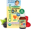 ChildLIFE ESSTENTIALS Organiczne witaminy D3 Dropy - Witamina D Krople dla niemowląt i dzieci, 400 IU na kroplę, All- Natural, USDA Organic, Non-GMO, Kosher, Gluten- Free Natural Berry Flavor, 0.21 Fl Oz