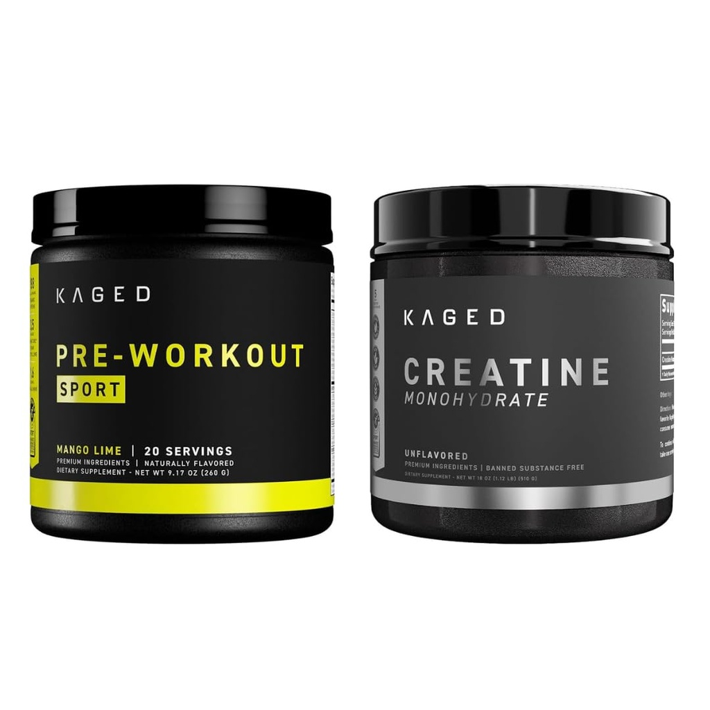 Kaged Pre Sport pre Workout Proszek Mango Lime Kreatyna Monowodzian Mikronized Powder Bundle, Energia & Muscle Recovery Supplement Pack, 20 Servings Pre- Workout + 100 Servings Creaine