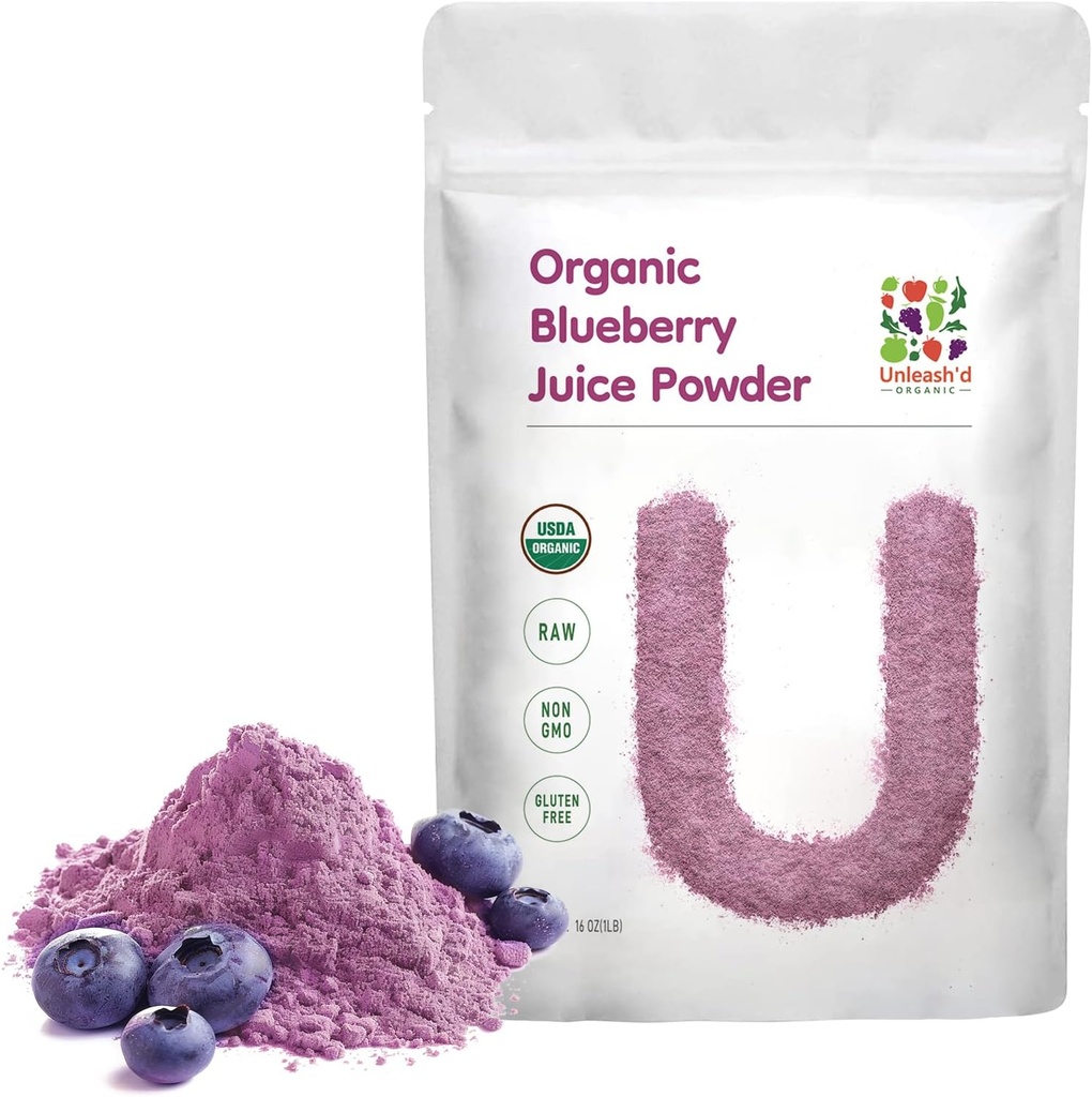 UNLEASH 'D Organic Blueberry Juice proszek 16 oz 100% Czysta zielona żywność, bogaty w przeciwutleniacze i witaminy, AIDS trawienie i zwiększa immunologiczną funkcję