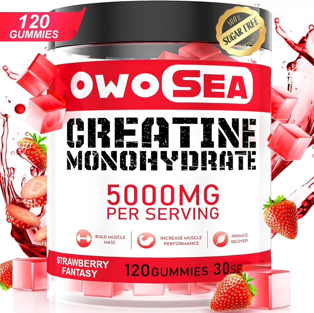 Jednowodzian kreatora Gummie dla mężczyzn i kobiet 5000mg Monowodzian kreatora na serwowanie dla wsparcia mięśni Energy Boost 120 Count Chewable 5g Suplement kreatora Supplement Sugar Free Vegan (1 opakowanie, truskawka)