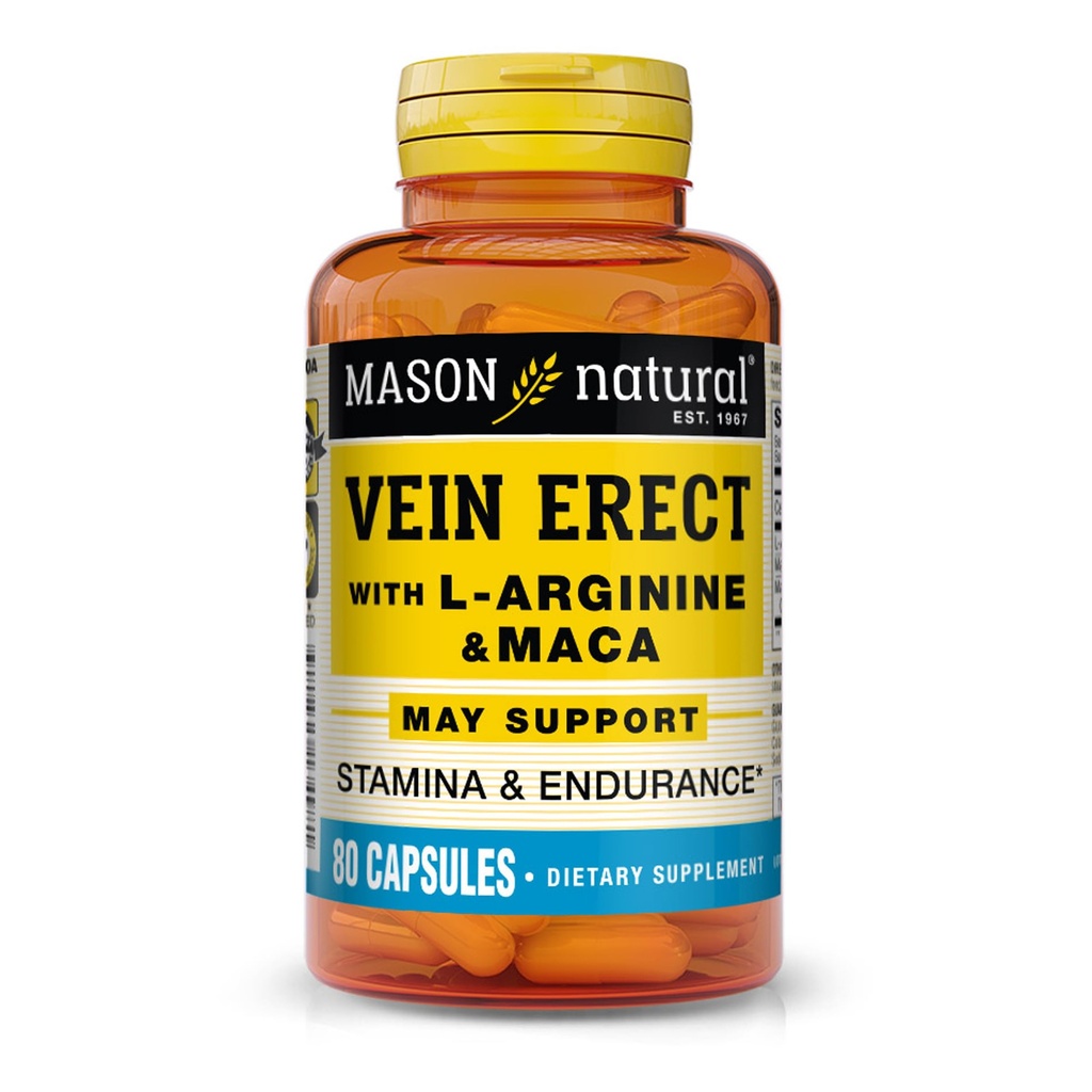 MASON NATURAL Vein Erect z L- Arginine i Maca - Wspiera zdrowie płciowe i naczyniowe, Suplement do żylaków i welony pająka, 80 Kapsułki
