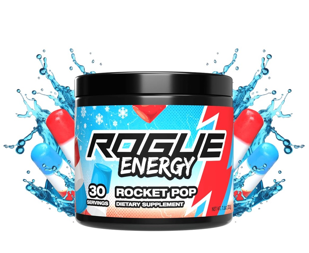 Rogue Energy Energy Drink Powder for Long Gaming Hours - Energy Powder for Mental Focus - Cukier i Gluten Free - Suplement do gier z kofeiną i witamin - Made in USA (Rocket Pop - 30 Sług)