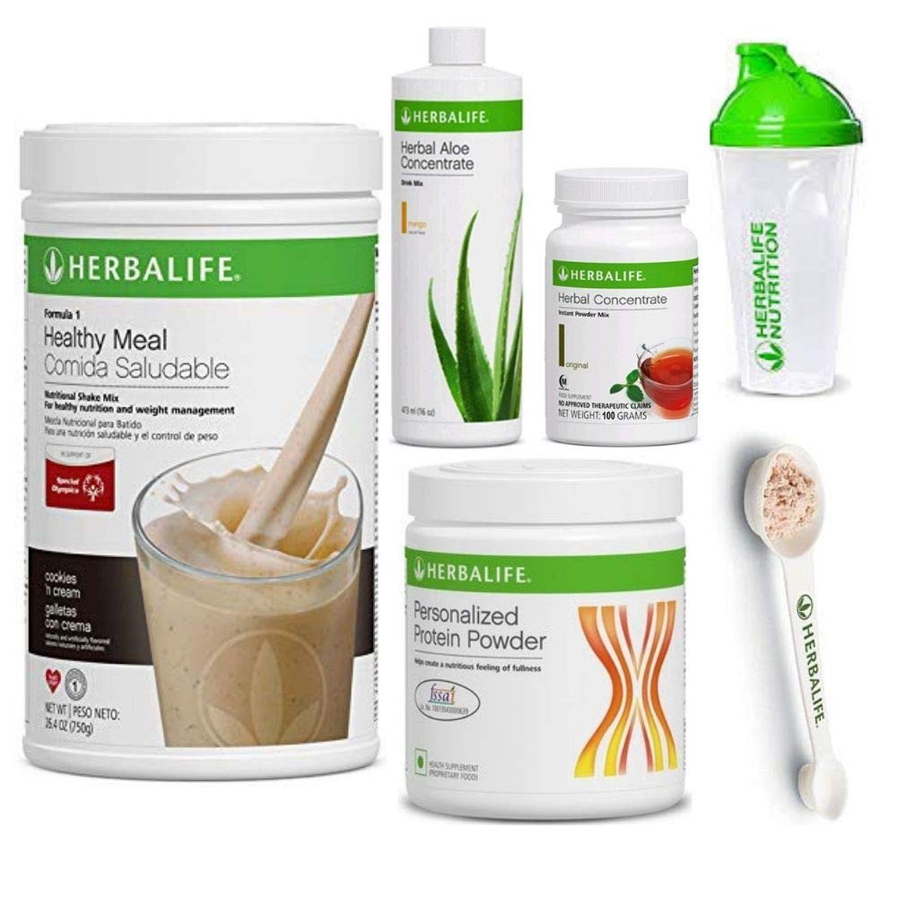 Herbalife Shake Zdrowy zestaw pokarmowy 124; Cookies and Cream Formula 1 + Herbal Aloe (Mango) + Herbal Tea Concentrat + Protein Powder + Shaker Cup & Łyżka