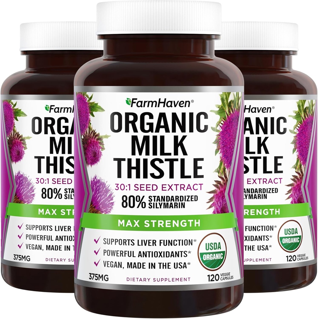 FarmHaven USDA Organic Milk Thistle Kapsułki 124; 30X Koncentrated Seed Extract & 80% Silimarin Standaryzowane - Wspomaga funkcje wątroby i ogólne zdrowie 124; Non-GMO 124; 360 Kapsułki wegańskie