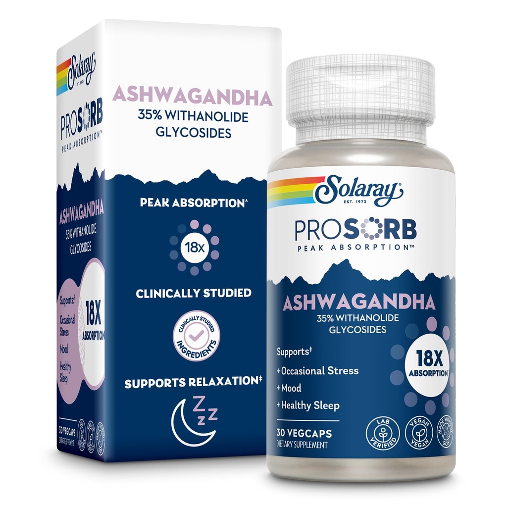 SOLARAY Ashwagandha kapsułki 18X Wchłanianie - Ashwagandha Root and Leaf Extract 240 mg - Sporadyczne Stress Relief and Mood Supplement - Vegan, 60- Day Guarantee - 30 Servings, 30 VegCaps