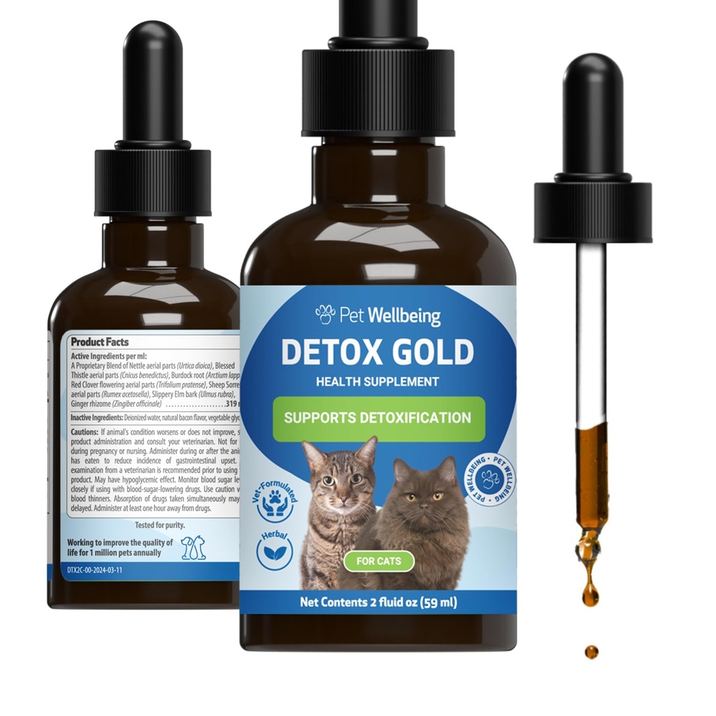 Złoto Detox dla kotów - Delikatne Detoksykacja i Eliminacja Wsparcie, Pielęgnacja układu immunologicznego, Nettle, Błogosławiony Thistle, Burdock Root - Weteranarianowy suplement ziołowy 2 oz (59 ml)