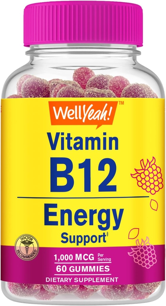 WellYeah Witamina B12 1000mcg Gummies - dla energii, nastrojów, metabolizmu i systemu immunologicznego Wsparcie - Wegańskie Przyjazne i Gluten- Free, GMO Wolna i Lekarz Zalecane - 60 Gummies