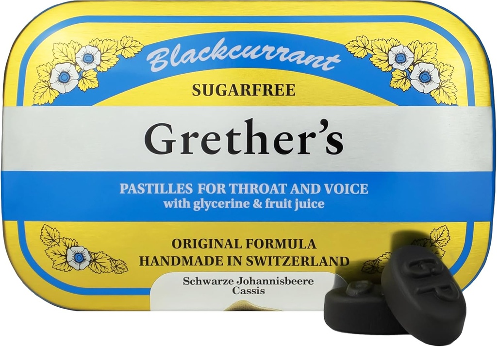 GRETHER 's Sugarfree Blackcurrant Pastilles - Natural Dry Mouth Relief - Soothing Throat & Healthy Voice - Prezent dla piosenkarzy - 3.75 oz. 1 Pack