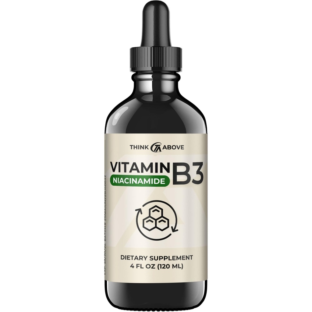 Płynna witamina B3 (w postaci niacynamidu) Suplement - Niespłukana postać niacyny - Szybka absorpcja - Wygodne krople niacyny dla kobiet i mężczyzn - 4 oz (120ml)