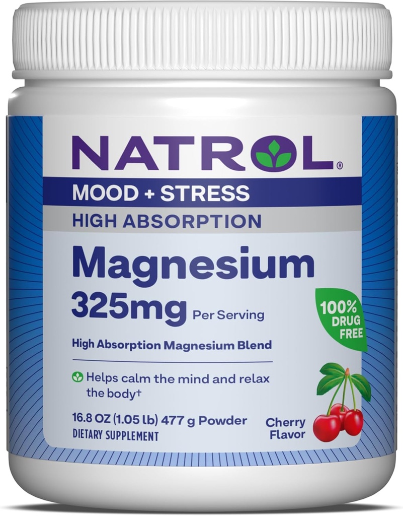 Natrol Magnezu 325 mg, Wysoka Absorpcja Magnezu Glicynian i Mieszanka karbonianu pomóc uspokoić umysł i zrelaksować ciało, 16.8 OZ z Cherry- aromat proszku, Aż do 90 Day Supply