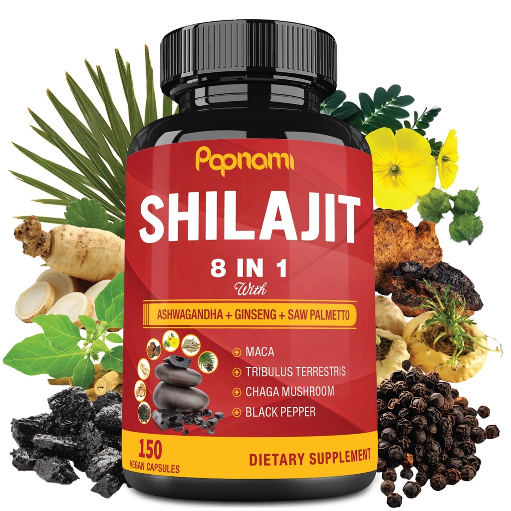 Shilajit Himalayan Supplement for Men & Women - 150 Kapsułek Połączony Ashwaganda, Ginseng, Saw Palmetto, Maca, Tribulus, Chaga & Black Pepper - Energia witalna i Immune Supports