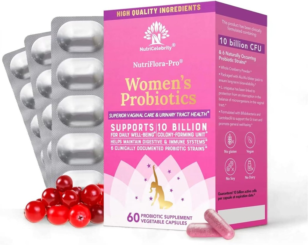 Nutriciebrity Nutriciebrity Flora- Pro Probiotyki dla Kobiet - Wsparcie Vaginal, Zdrowie moczu, System immunologiczny Digestive System Support, Żurawinowe Pigułki Suplement, 10 Miliard CFU 6 Szczepy (30 Czapki) - 2 Pack