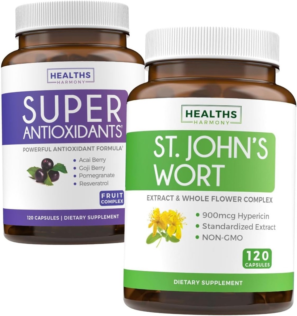 Przeciwutleniacze i ziele dziurawca zwyczajnego (2- Month Supply) Mieszanka uspokajająca przeciwutleniająca - Super przeciwutleniacze - Potężny Super Food Daily Blend (120 Caps) & Dziurawiec zwyczajny - Potężny ekstrakt 9000mcg (120 Caps)