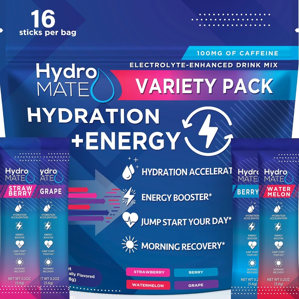HydroMATE Electrolytes proszek napój Pakiety Hydration Akcelerator niskocukrowy Party Ulubione do szybkiego odzyskiwania witaminy C Plus kofeiny Odmiana Pack 16 Sticks
