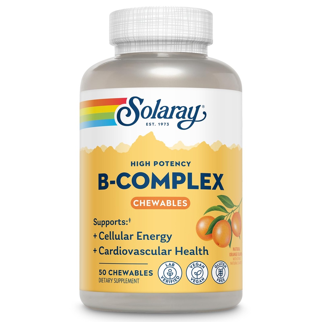 SOLARAY Witamina B- Complex 250mg Naturalny aromat pomarańczowy 124; Zdrowe włosy, skóra, funkcje immunologiczne i wsparcie metabolizmu 124; Laboratorium zweryfikowane 124; 50 Chewables