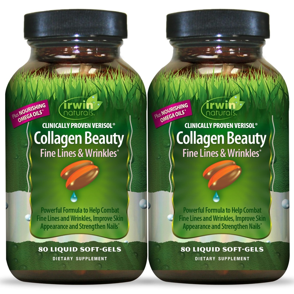 Irwin Naturals Collagen Beauty - 80 Płynne żele soft- Zaawansowana skóra, włosy i paznokci Nourishment - 2 opakowania