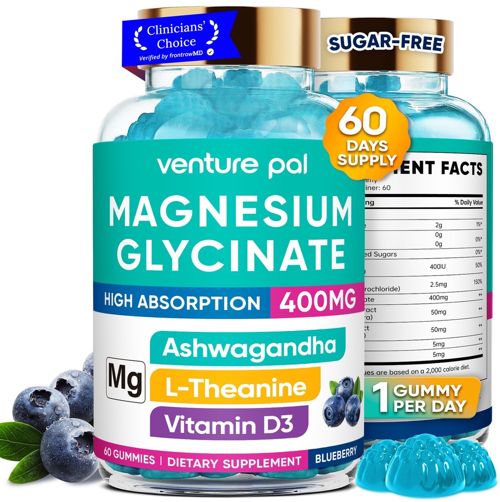 60 Day Supply Magnesium Glycinate 400mg Gummies with Ashwagandha, L-Theanine, CoQ10, Vitamin D3 & B6, Sugar Free Magnesium Gummies for Adults & Kids, Stress Relief, Sleep & Calm, Vegan, Gluten Free