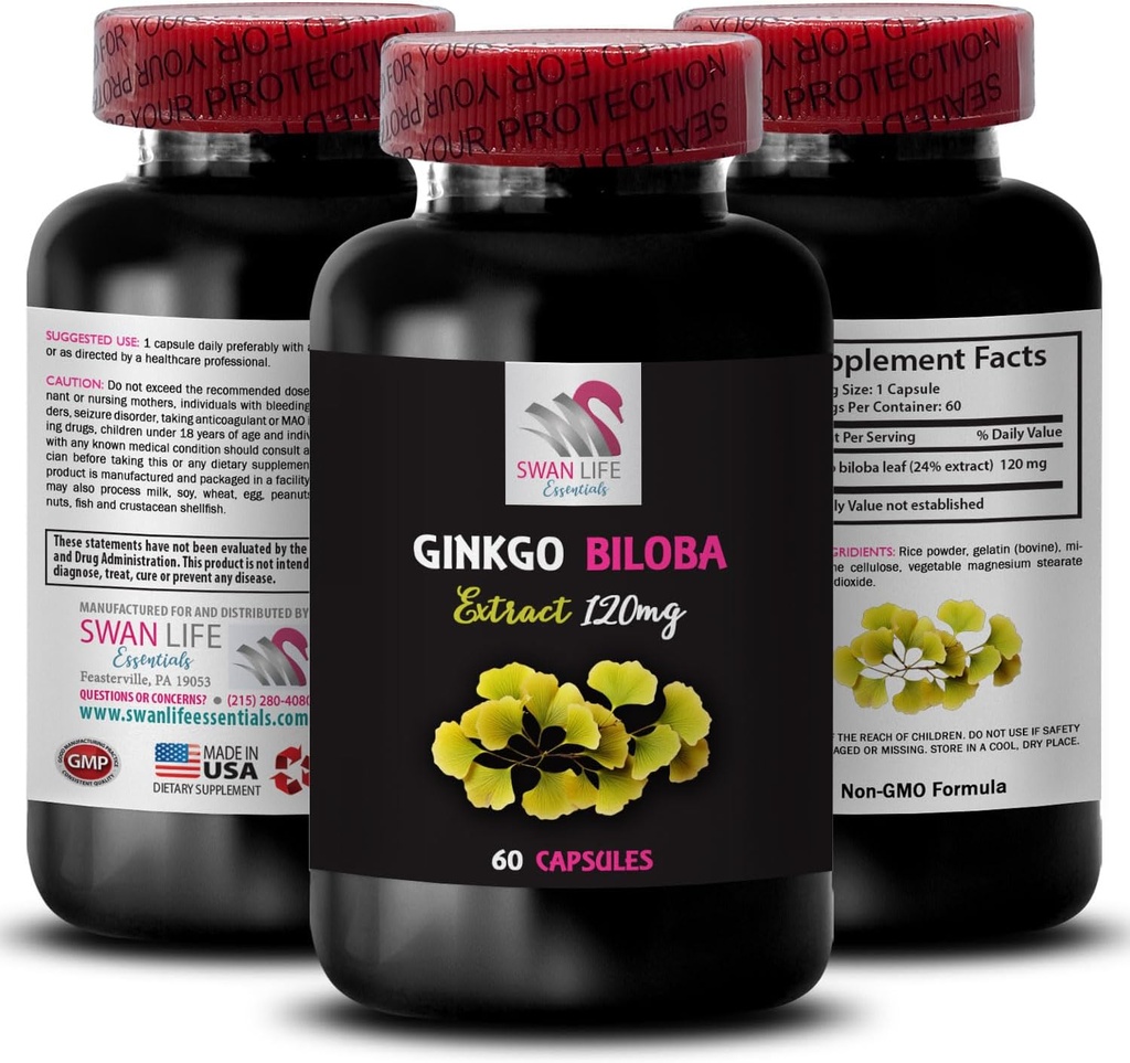 Ginkgo biloba Supplement - Ginkgo BILOBA Extract - Naturalny ekstrakt przeciwutleniający, Herbal przeciwutleniacz Support, Ginkgo biloba Benefits, Botanical Extract Supplement, Plant- Based przeciwutleniacz 1 Bot 60 Czapki