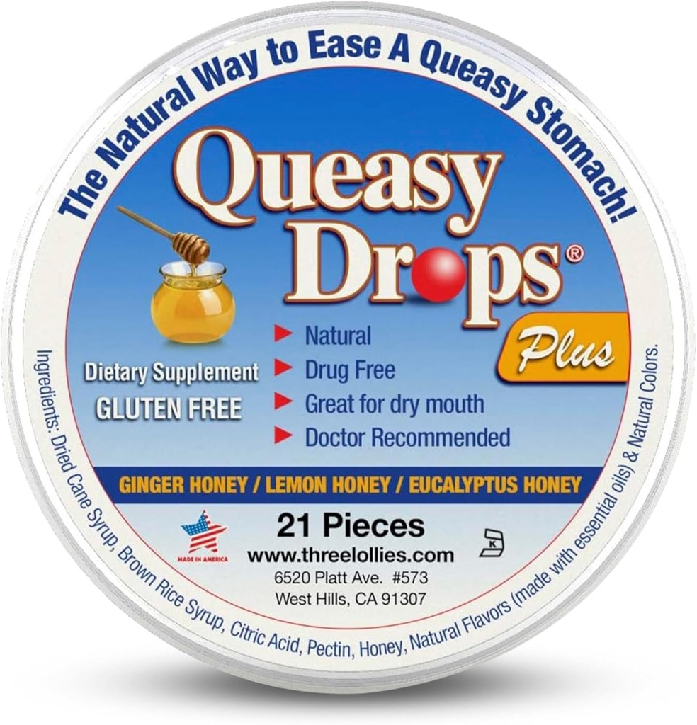 Trzy Lollies Qufax Drops Plus - Lozenges z Pectin & Honey do Soothe a Dry Mouth - Leczenie nudności i choroby ruchowej - Naturalne - 21