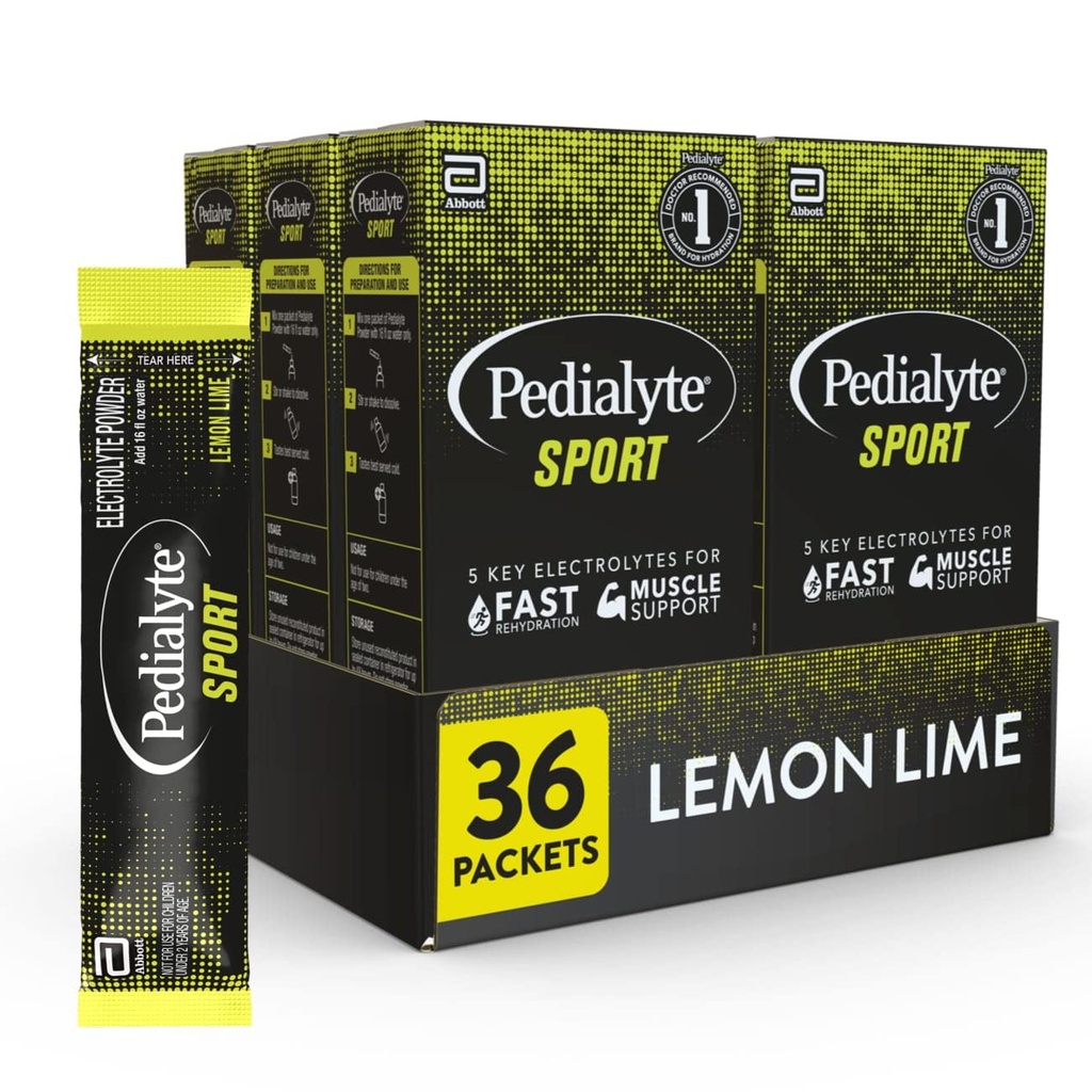 Proszek Pedialyte Sport Electrolyte, szybkie nawodnienie z 5 Kluczami Electrolytes do wsparcia mięśni Przed, Podczas, & Po ćwiczeniach, Lemon Lime, 0.49- oz Pakiety (36 Count)