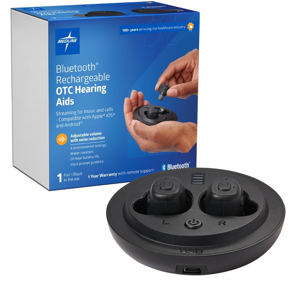 Medline Bluetooth Recharable OTC Słuchaczy, in- The- Ear, 4 Ustawienia środowiskowe, Odporność na wodę, Regulowany objętość, Łagodne do umiarkowania Utrata słuchu, Zmniejszenie hałasu, Earbud Słuchu Pomoc