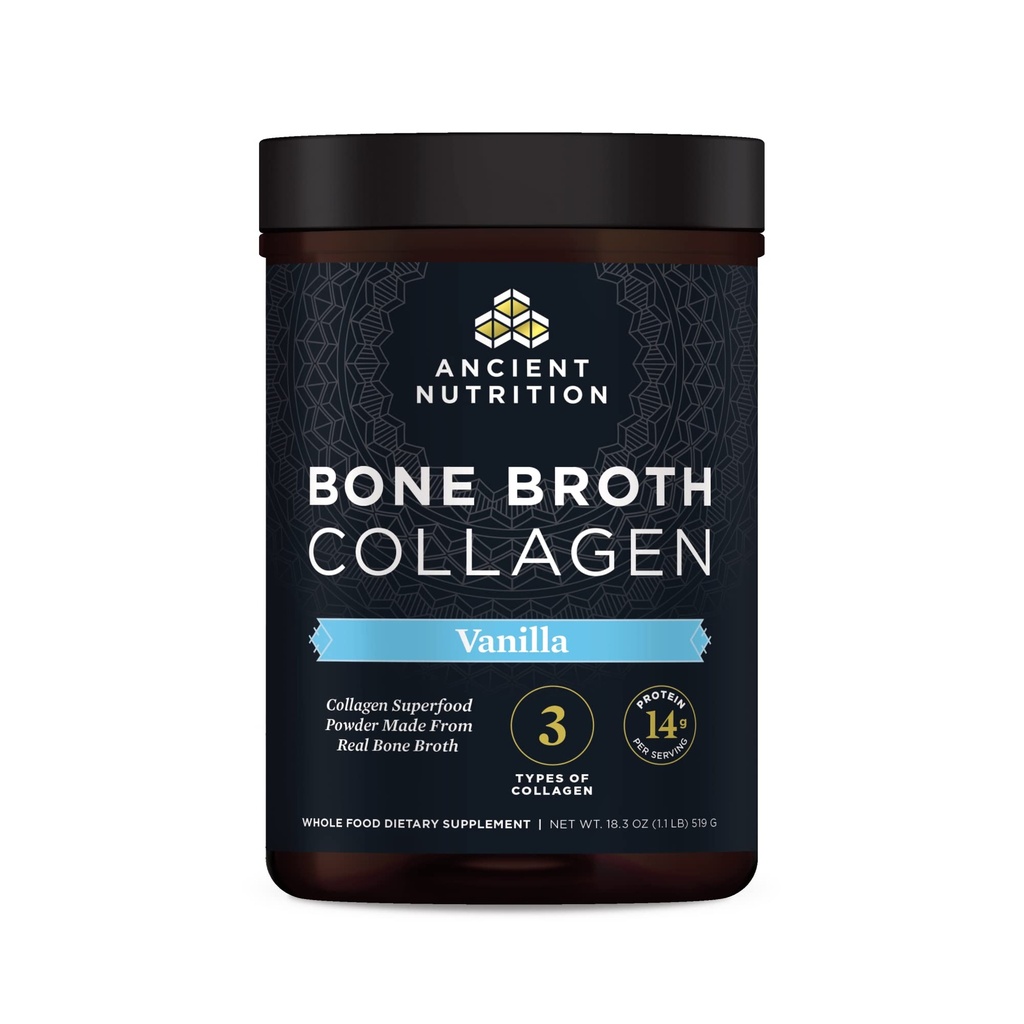 Ancient Nutrition Collagen Proszek, Bone Broth Collagen, Wanilia, Zhydrolizowane multi Collagen Peptydy, Wspiera skórę i paznokcie, Suplement Joint, 30 Służenia, 18.3oz