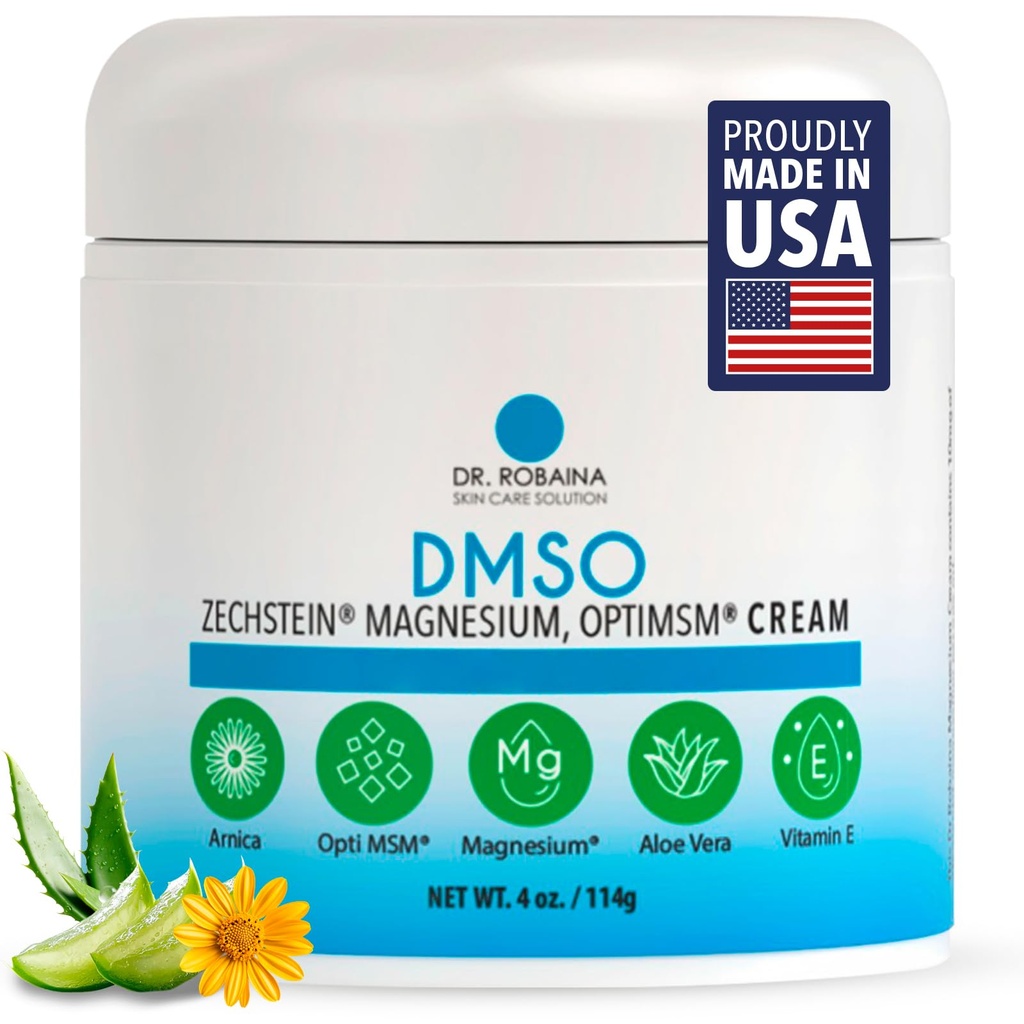 Dr Robaina DMSO Cream - 99,9% Pure Pharmaceutical Grade XI124; Formuła Ulgi skórnej z Zechstein Magnezu, Arnica, Aloe Vera, Witamina E XI124; Mięśnie & Joint Comfort XI124; 4 oz XI124; Made in USA