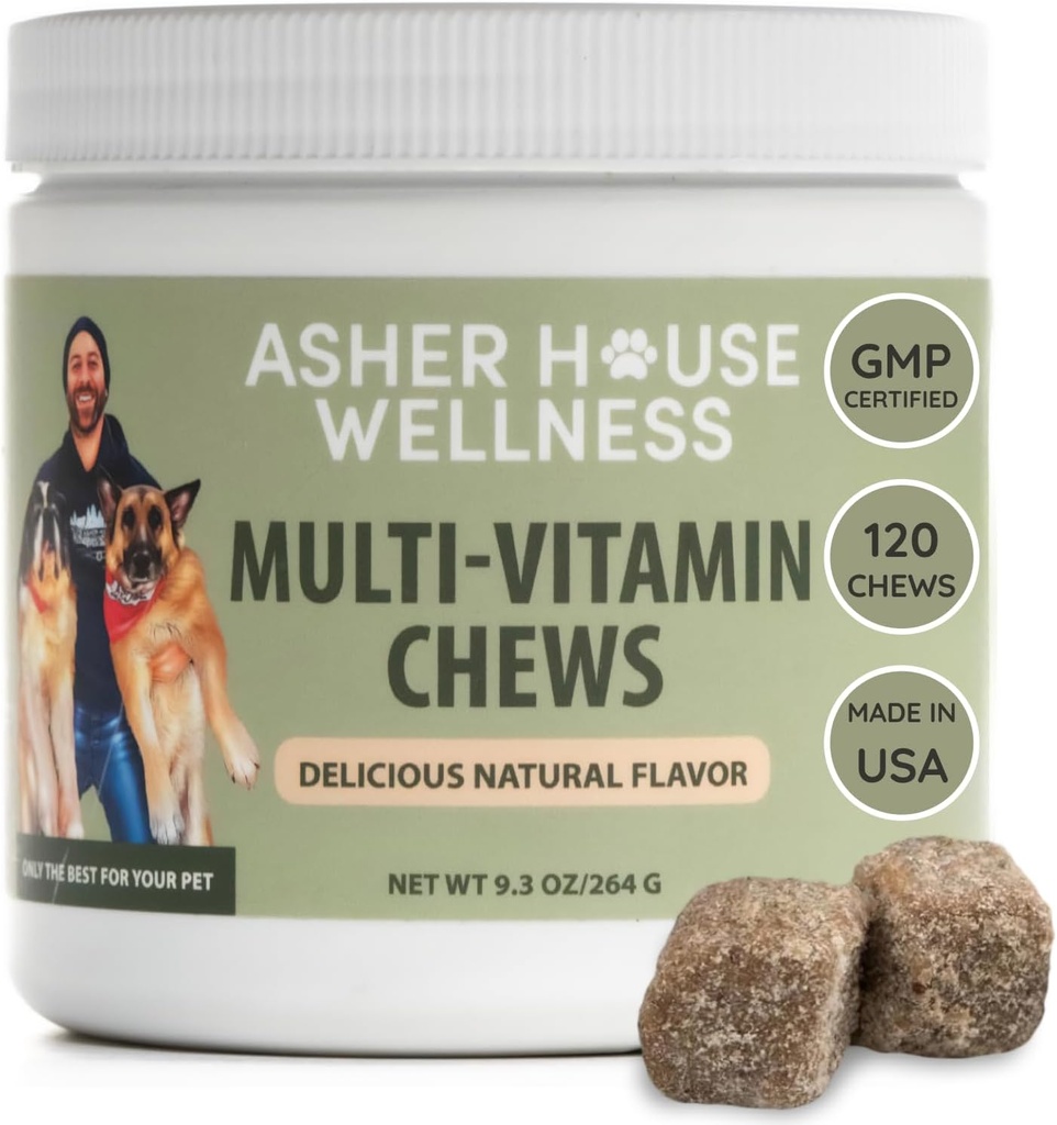 Asher House Wellness Dog Multivitamin Chews - Dog Vitamin i suplementy, Soft Chew for Pet Dogs z Probiotyki, Nasiona lniane, Colostrum - Kompleksowe wsparcie zdrowotne od szczeniąt do seniorów, 120 Chews