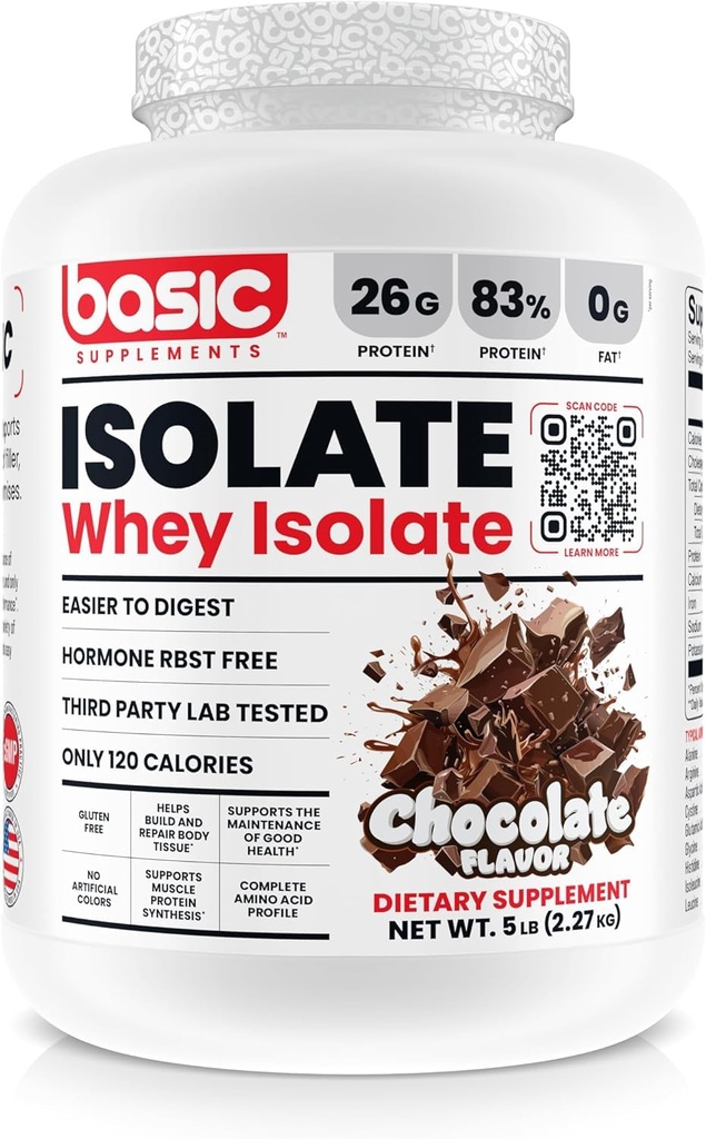 Podstawowy izolat białka serwatki, 26 g białka, 0g tłuszczu, gluteny-free, RBST-free, szybkie wchłanianie, 120 kalorii (5 funtów, czekolada)