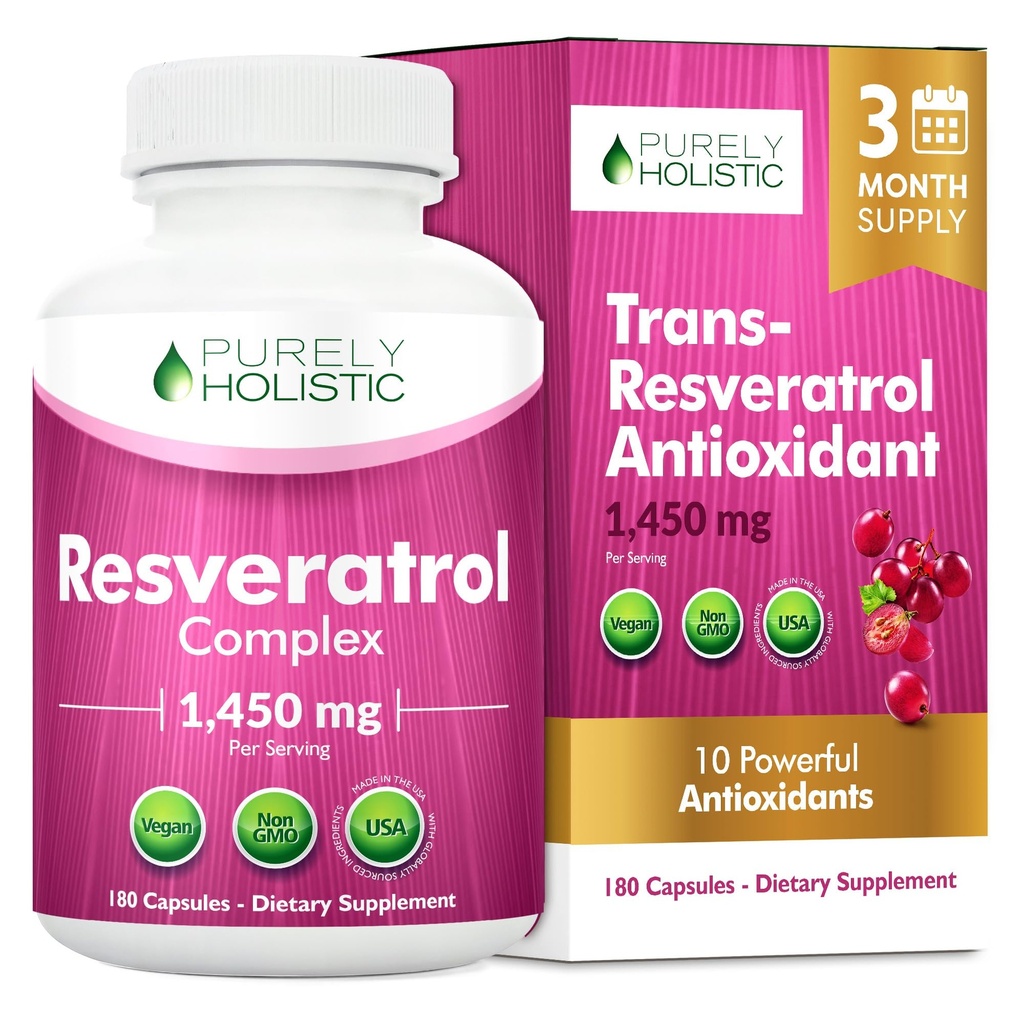 Czysto Holistic Resveratrol 1450mg, 90 Służenia, Trans- Resveratrol Antyoksydant Suplement z witaminą C i Polyfenol Complex, 180 Kapsułki wegańskie