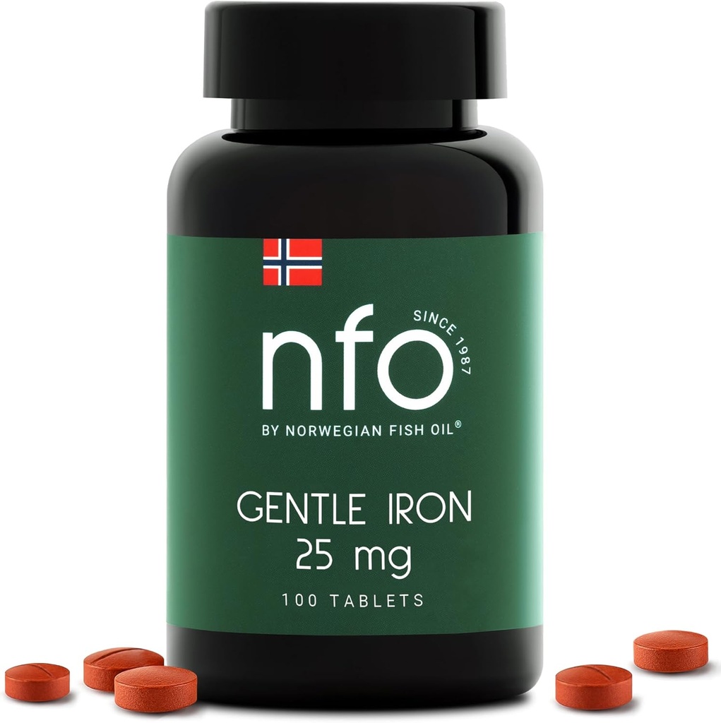 NFO Gentle Iron [100 Tablets] Norweski kompleks żelaza wysokiej absorpcji z Opatentowanym Ferrochel Chelated Żelazo, Delikatnie na stomach, Wegan- Przyjazny, non-Constipting