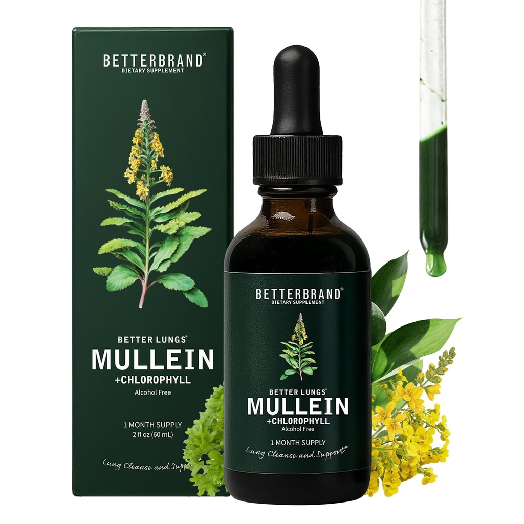 Betterbrand Mullein Drops for Lung Detox - Mullein Leaf Tincture with Chlorophyll - Pomaga wspierać zdrowie oddechowe, Bez alkoholu, 1 Miesiąc dostaw - 60ml