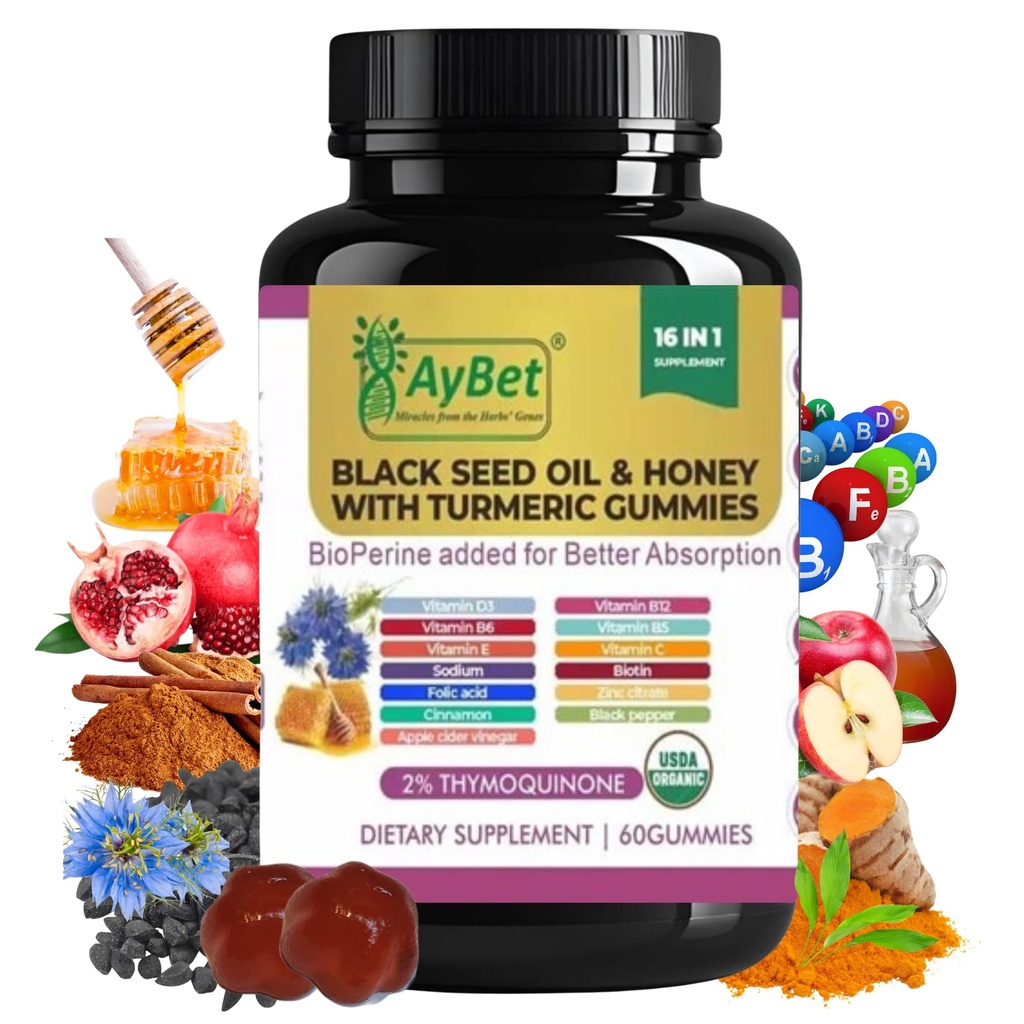 Czarny olej nasienny i miód z turmerowych gumek z BioPerine, Jabłko Cydr Ocet, Biotin, Cynk i witaminy C D3 B12 - immunologiczne, Detox, Energia i włosy skóry Nails Support - 60 Wegan, Halal, Organic Gummies