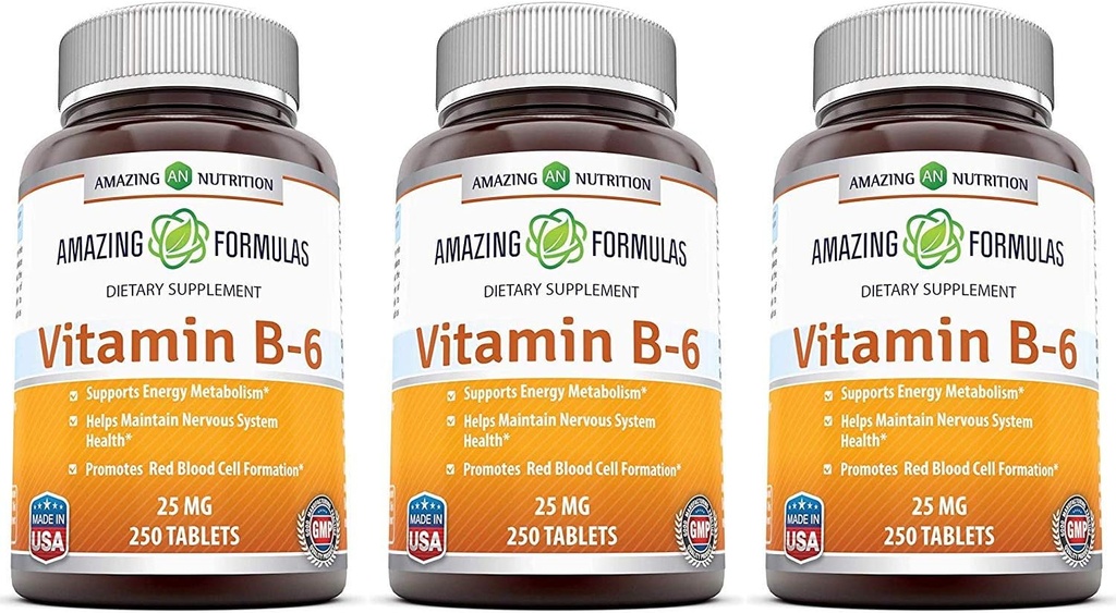 Niezwykłe witaminy B6 Pyridoxine 25mg 250 Tablets Supplement Equipment 124; Non-GMO Equipment 124; Gluten Free Equipment 124; Made in USA (3 Pack)